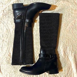 Aquatalia New Soft Woven Black Leather Stretch Riding Boots W Sz 7 Made in Italy